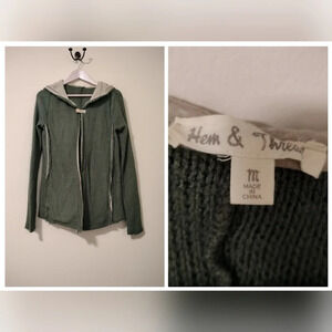 Hem & Thread Size Med Army Green Tan Boho Vibe Fashion Sweater Cardigan Hoodie